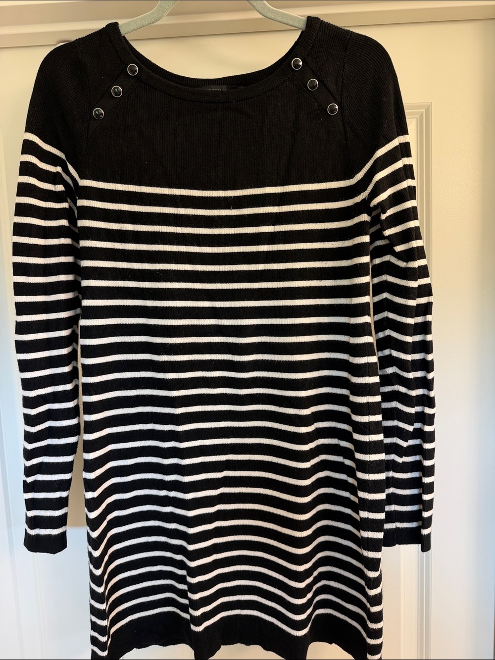White House Black Market Black and White Striped Button-Shoulder Sweater